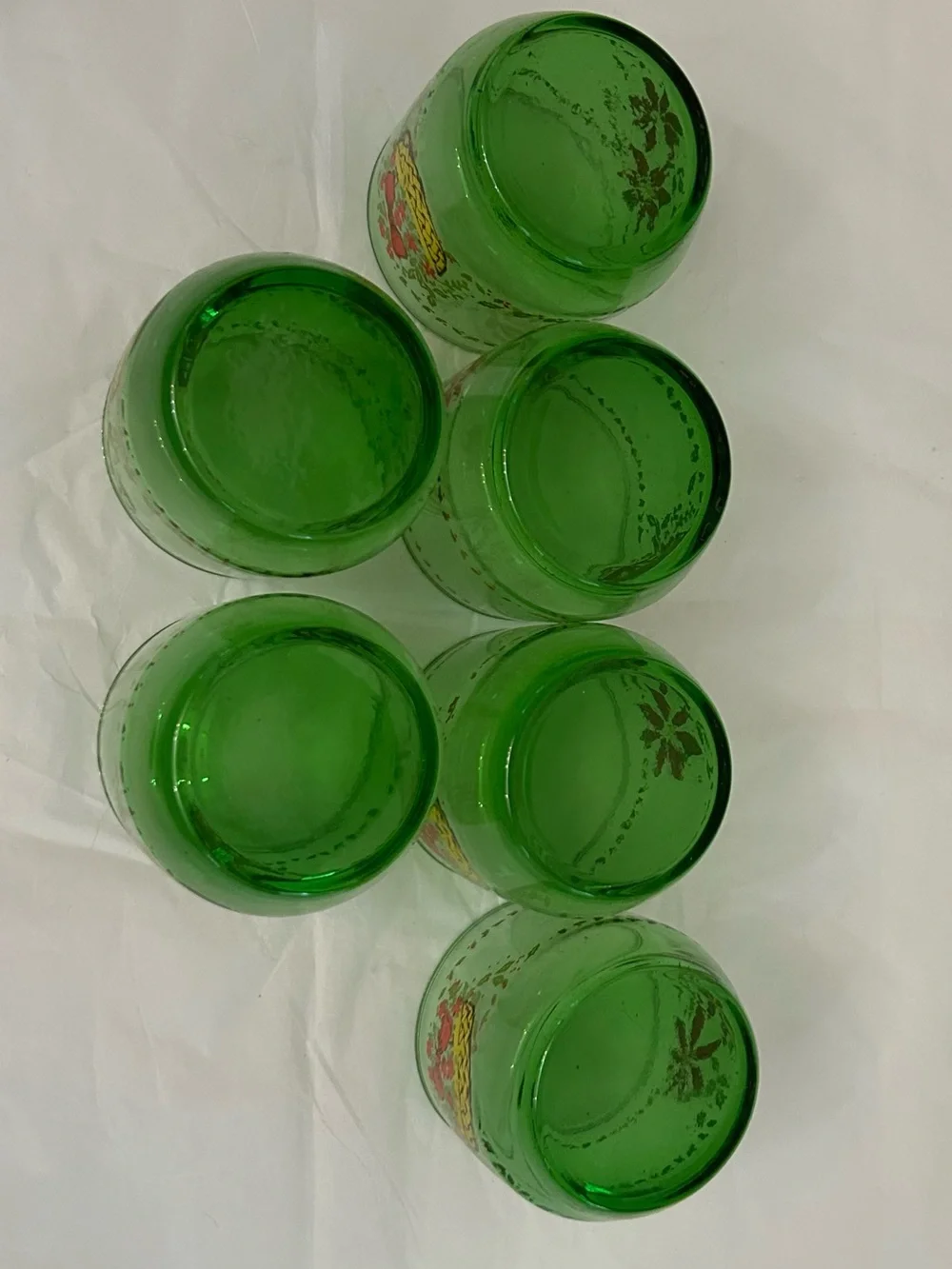Vintage Green Glass Tumblers with Red Floral and Basket Motif - Set of‎ 6